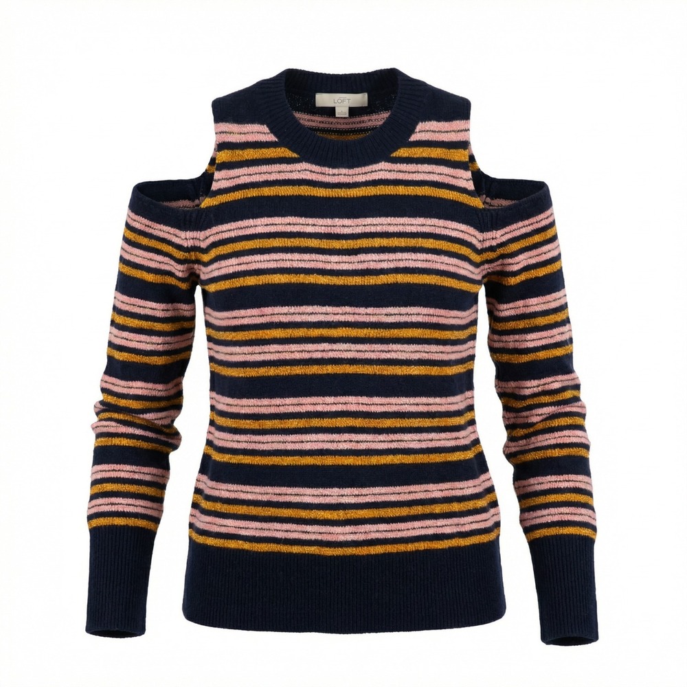 Loft Sweater Womens S Blue Gold Pink Stripe Off‎ Shoulder Wool Blend Long Sleeve